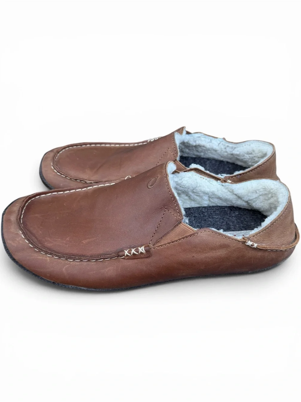 OluKai Moloa Slippers Men’s‎ 12 Brown Leather Shearling Lined Loafers